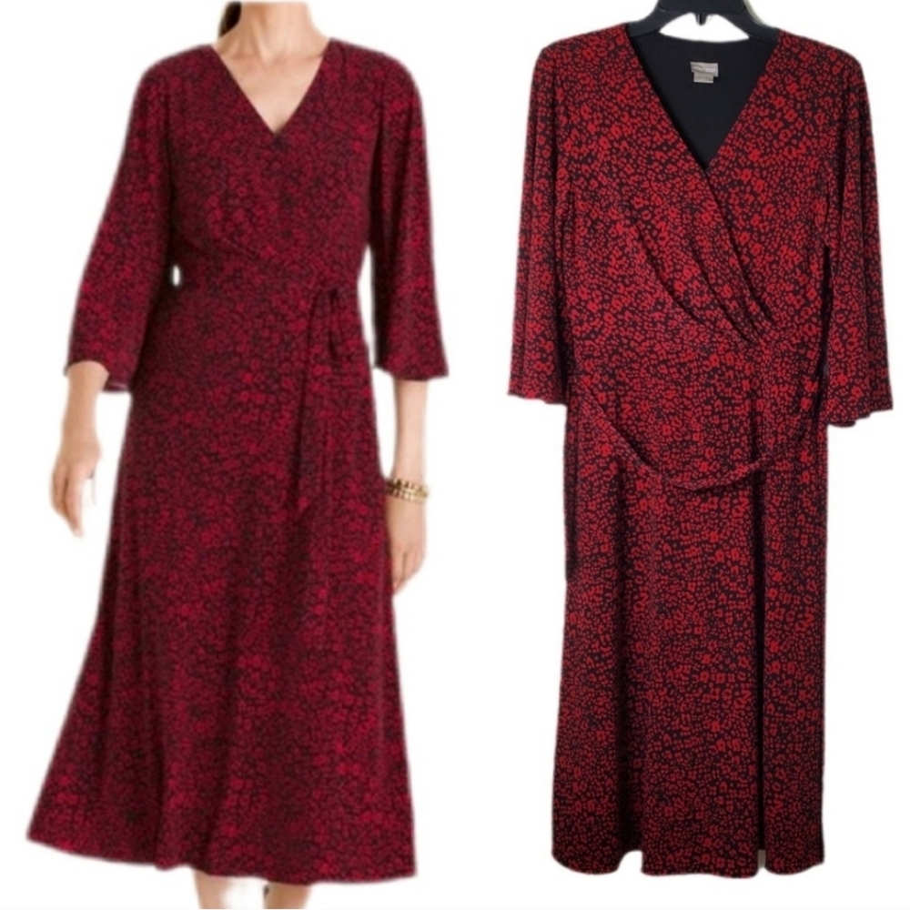 Chico's Size‎ 0 Red Black Surplice Faux Wrap Stretch Jersey Midi Dress Size 4 6